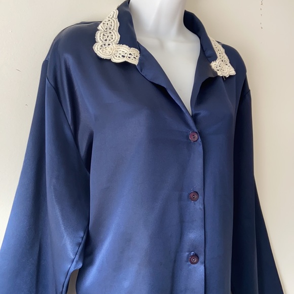 PINK LADY blue satin VINTAGE blouse LARGE - Picture 2 of 10